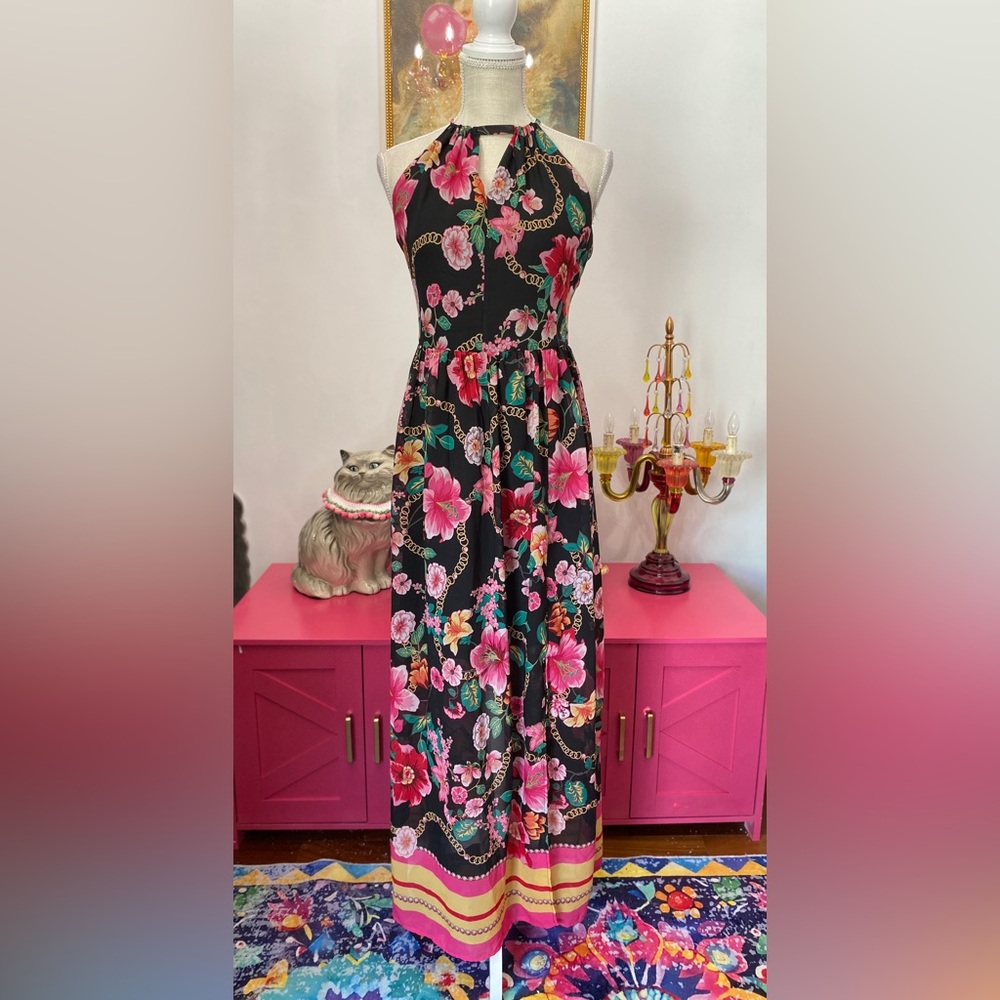 NICOLE MILLER BLACK PINK FLORAL MAXI DRESS SIZE 10 - Picture 3 of 11